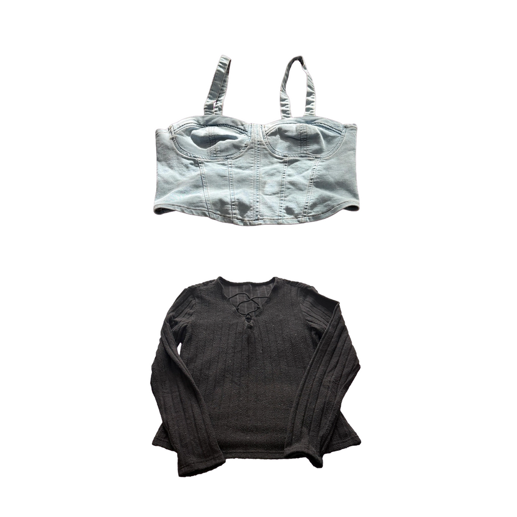 SHEIN Layering Duo Bundle Size S - Black Ribbed Lace-Up Sweater + Light Wash Denim Crop Top