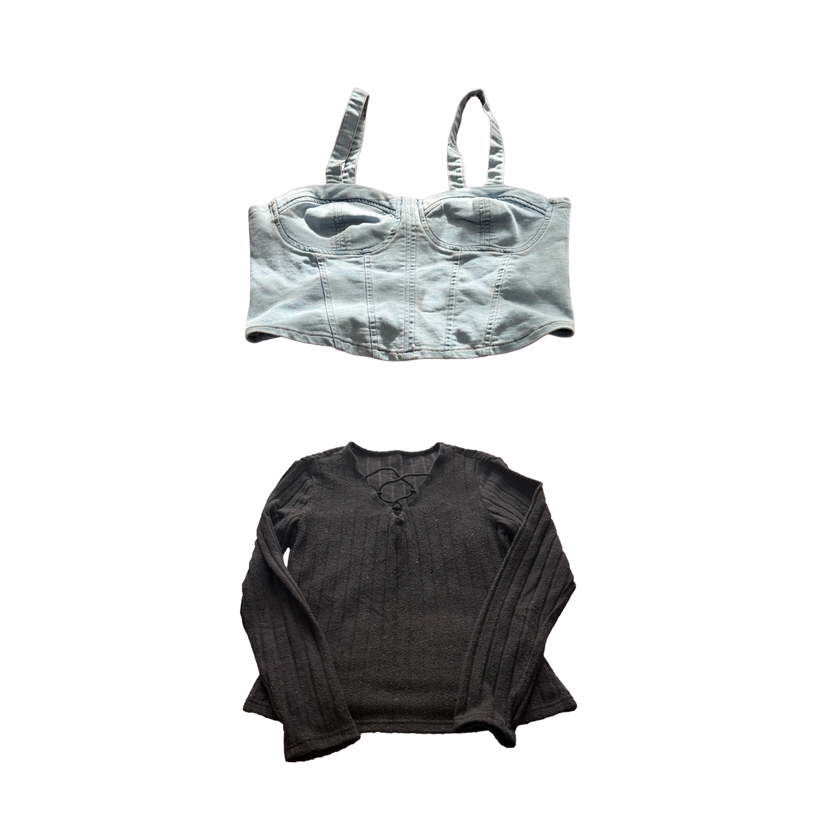 SHEIN Layering Duo Bundle Size S - Black Ribbed Lace-Up Sweater + Light Wash Denim Crop Top